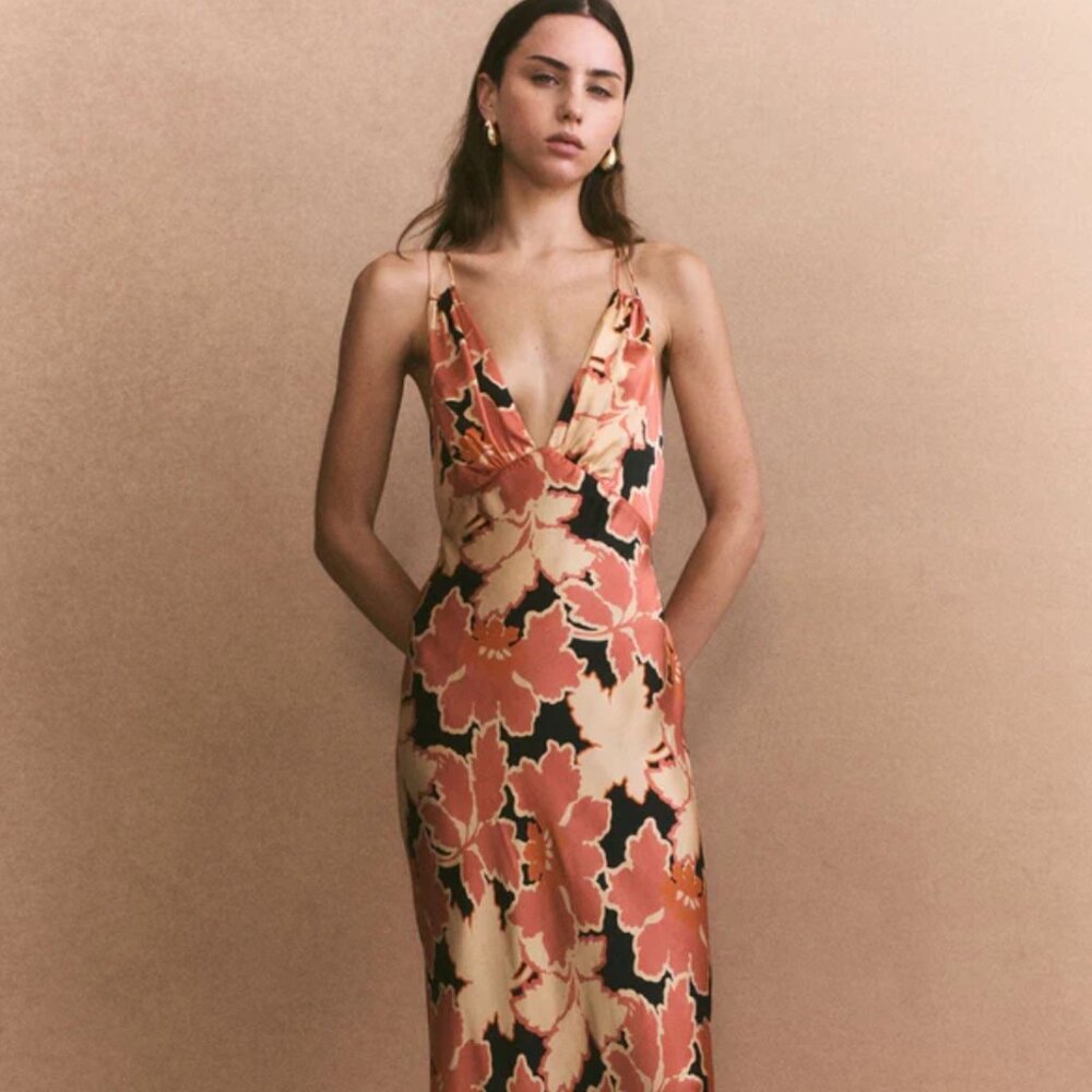 NWT Shona Joy Rosa Silk Plunged Double Strap Maxi Dress